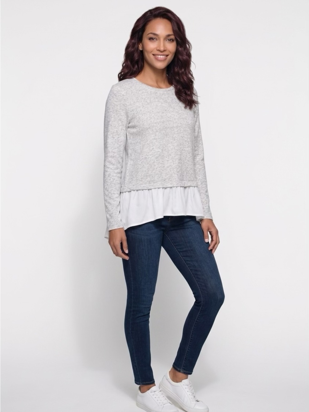 Vineyard Vines Light Gray Layered Hem Sweatshirt with White Ruffle